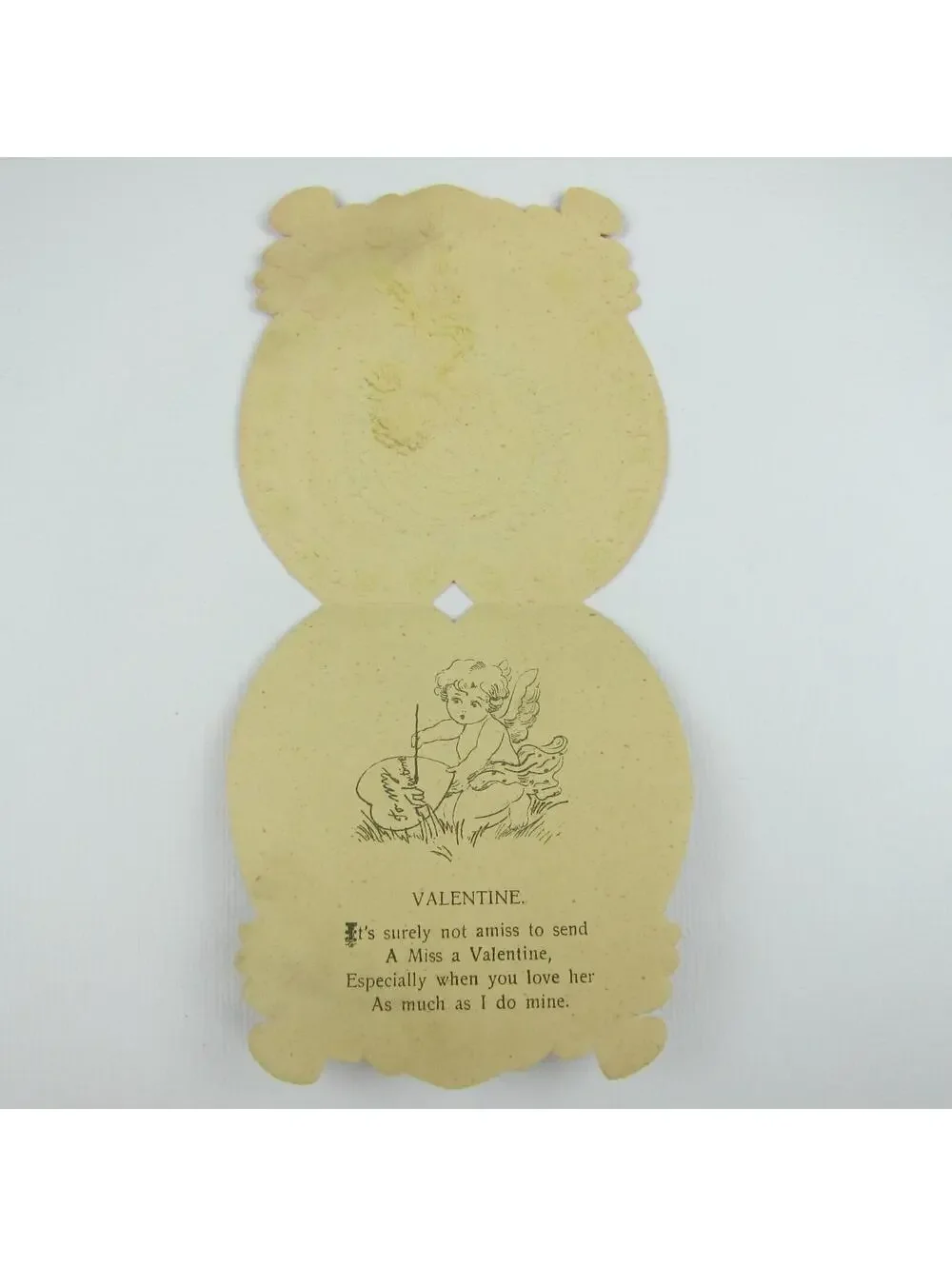 Vintage Valentine Card Diecut Blonde Cupid Target Red Heart Bullseye Blue Flower